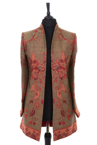 Womens longline jacket in a brown/green and red cashmere fabric with a floral pattern