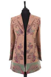 Womens longline blazer style jacket in a warm dusty pink cashmere silk blend