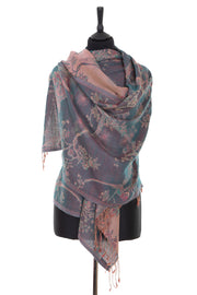 Womens reversible cashmere shawl in iridescent teal and dusty pink