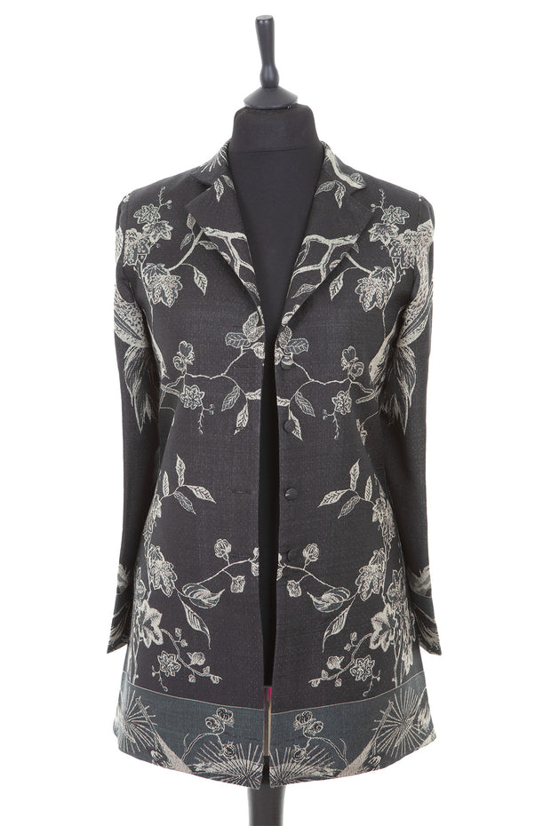 Womens cashmere longline blazer style jacket in a black cashmere fabric with a Tree of Life pattern in silver