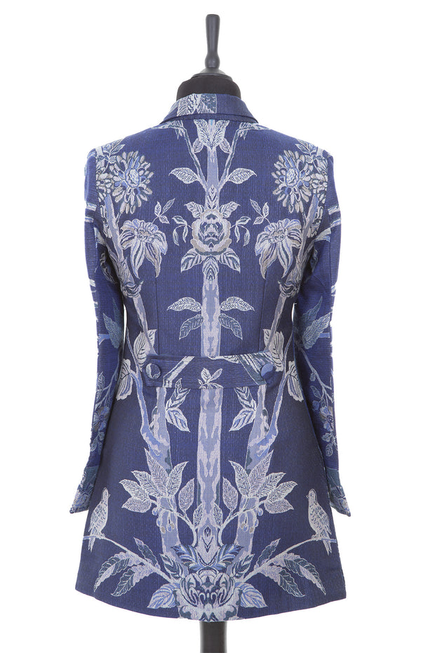 Womens cashmere silk blend longline blazer style jacket in bright navy blue cashmere fabric with a Tree of Life pattern in pale silver