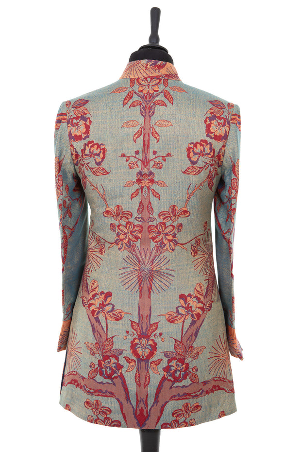 Womens long nehru jacket in dark green cashmere fabric with the Tree of Life pattern in red, orange and blue