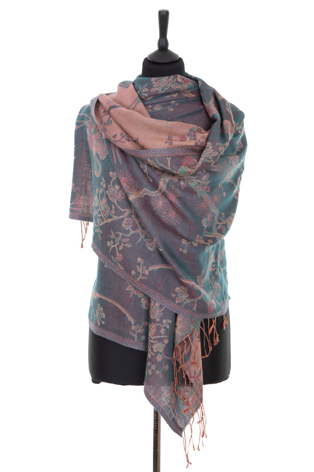 Womens reversible cashmere silk blend shawl in iridescent teal and dusty pink