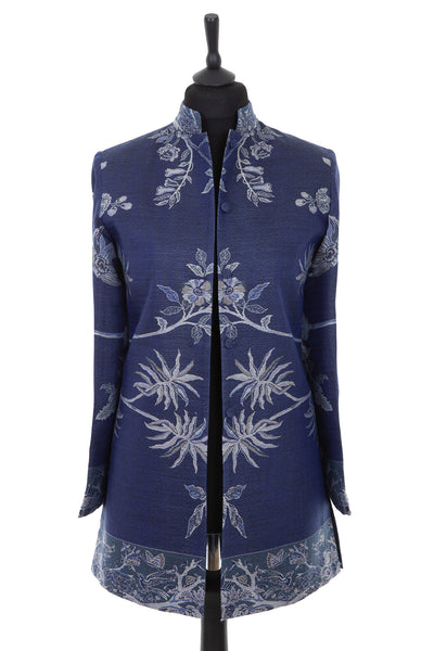 Womens cashmere silk blend long nehru jacket in a bright navy blue cashmere fabric with a Tree of Life pattern in pale silver