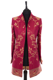 Womens longline cashmere silk blend jacket in a raspberry pink cashmere fabric with a Tree of Life pattern in pale gold