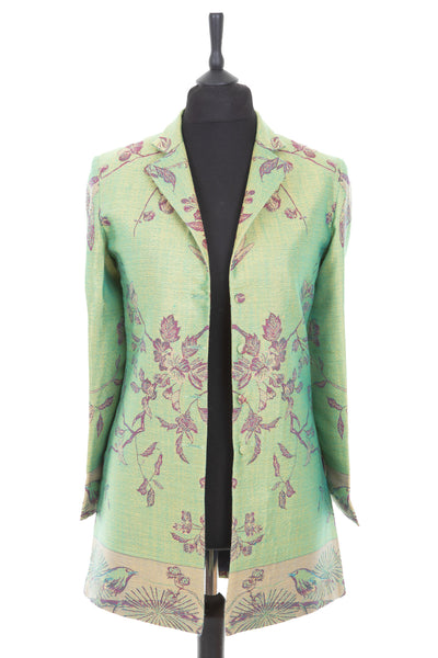 Womens cashmere silk blend longline blazer style jacket in a bright green cashmere fabric with Tree of Life pattern in aubergine, gold and blue