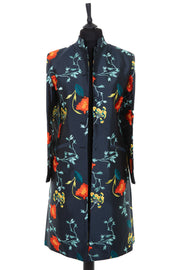 Womens long dress coat in a slate grey embroidered raw silk with orange, aqua and lemon yellow embroidery