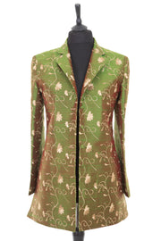 Womens embroidered silk longline blazer style jacket in a bright green embroidered raw silk with gold pattern and a slight orange sheen