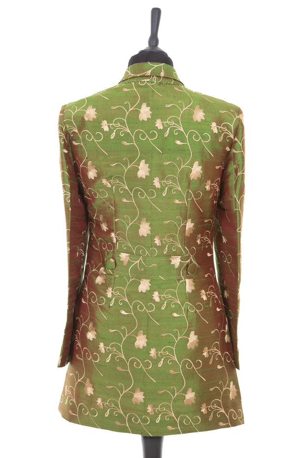 Womens embroidered silk longline blazer style jacket in a bright green embroidered raw silk with gold pattern and a slight orange sheen