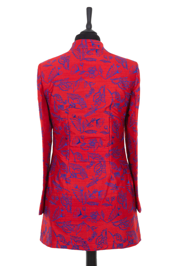 Women's embroidered silk pillar box red longline jacket, with cobalt embroidery