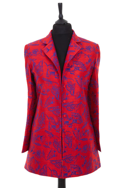 Womens blazer style jacket in pillar box red silk with cobalt blue embroidery