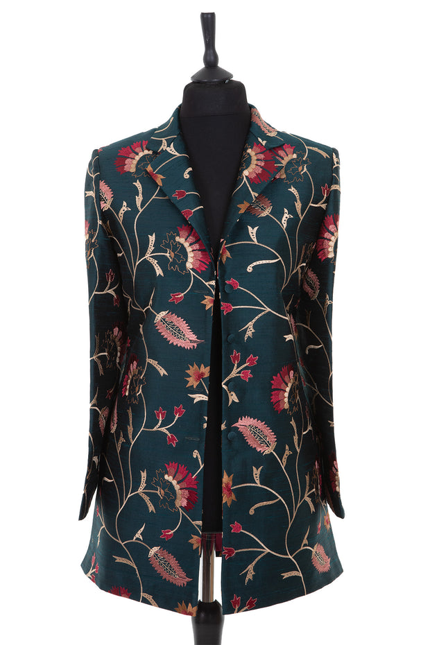 Womens longline blazer style jacket in a dark green embroidered raw silk with a floral pattern in gold, blush and red