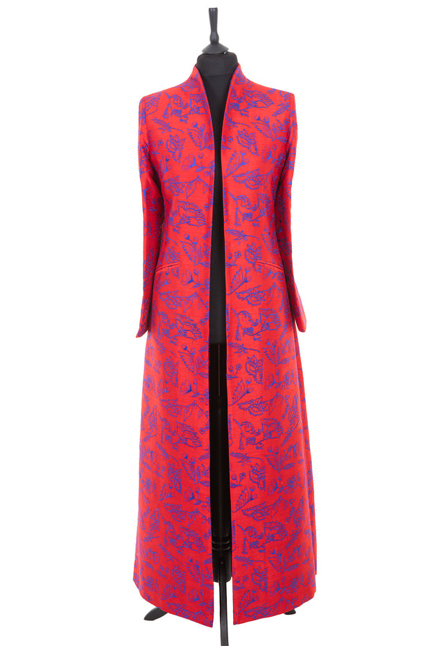 Womens full length red dress coat, with cobalt blue embroidery