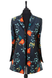 Womens longline blazer style jacket in a slate grey embroidered raw silk with orange, aqua and lemon yellow embroidery