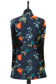 Womens longline blazer style jacket in a slate grey embroidered raw silk with orange, aqua and lemon yellow embroidery