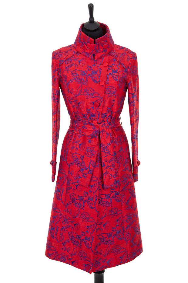 Women's embroidered silk pillar box red Trench Coat, with cobalt embroidery