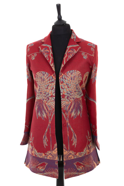 Womens long blazer style jacket in a bright red cashmere fabric with a Tree of Life pattern in aubergine, navy, gold, aqua and orange