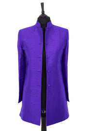 Womens longline silk nehru jacket in a bright violet purple raw silk