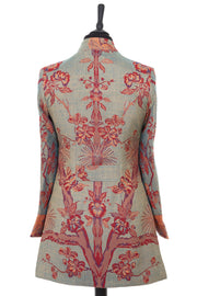 Womens longline dress jacket in dark green cashmere fabric with the Tree of Life pattern in red, orange and blue