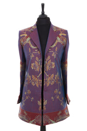 Womens longline blazer style jacket in dark purple and blue cashmere fabric in Tree of Life pattern in gold, burgundy and blue
