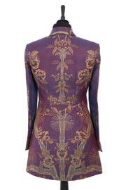 Womens longline blazer style jacket in dark purple and blue cashmere fabric in Tree of Life pattern in gold, burgundy and blue