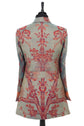 Womens longline blazer style jacket in a dark green cashmere fabric with the Tree of Life pattern in red, orange and blue