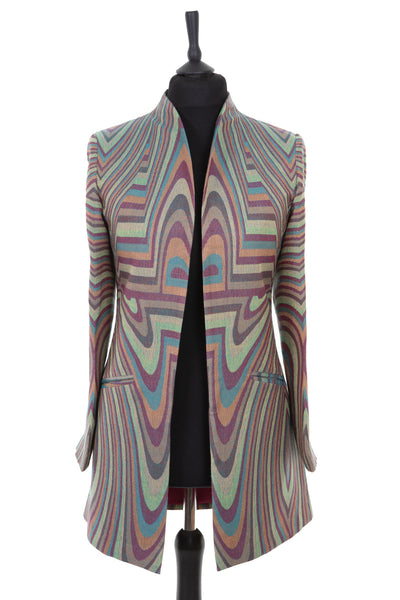 Womens longline jacket with a curved collar, in a striped green, purple, gold and blue cashmere fabric