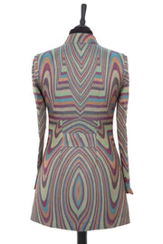 Womens longline jacket with a curved collar, in a striped green, purple, gold and blue cashmere fabric