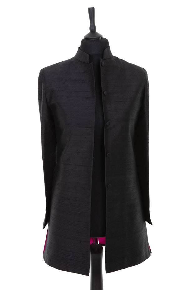 Womens black raw silk long nehru jacket with bright pink lining