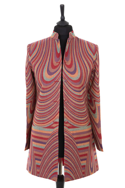 Womens longline nehru jacket in red, orange, blue and aubergine striped cashmere fabric