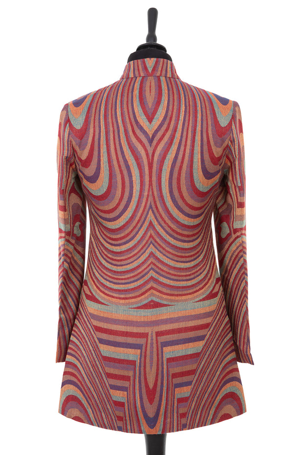 Womens longline nehru jacket in red, orange, blue and aubergine striped cashmere fabric