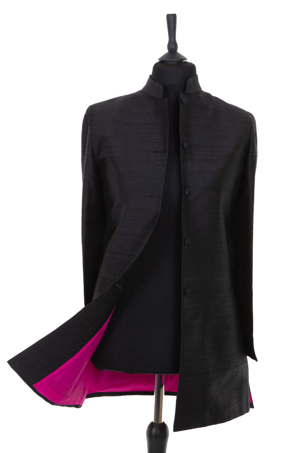 Womens black raw silk long nehru jacket with bright pink lining