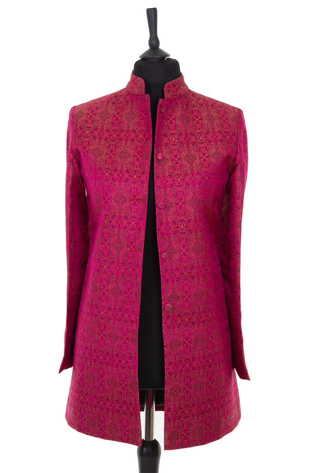 Womens long nehru jacket in a deep pink jacquard embroidered silk with gold, aubergine and black details.