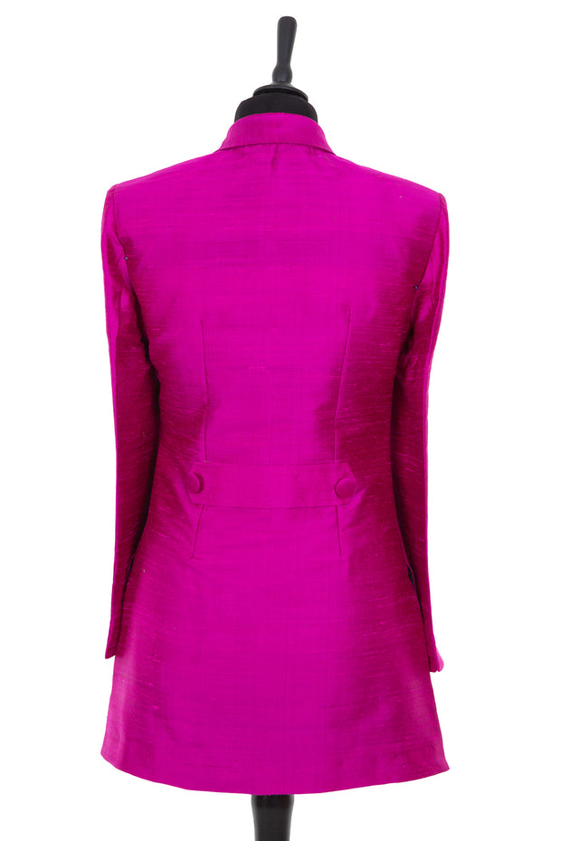 Womens bright magenta pink plain raw silk blazer style longline jacket
