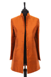 Womens longline nehru jacket in burnt orange raw silk