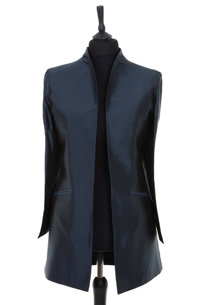 Womens longline Bhumi jacket in raw silk, slate grey