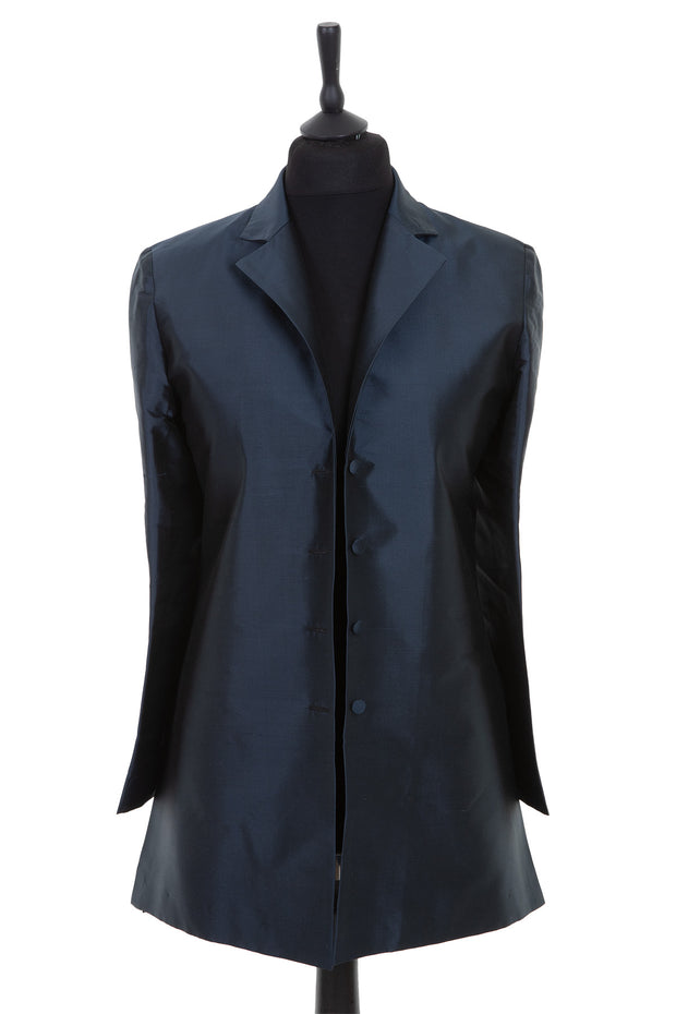 Womens longline blazer style jacket in a slate grey/navy plain raw silk