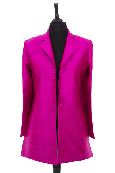 Womens bright magenta pink plain raw silk blazer style longline jacket
