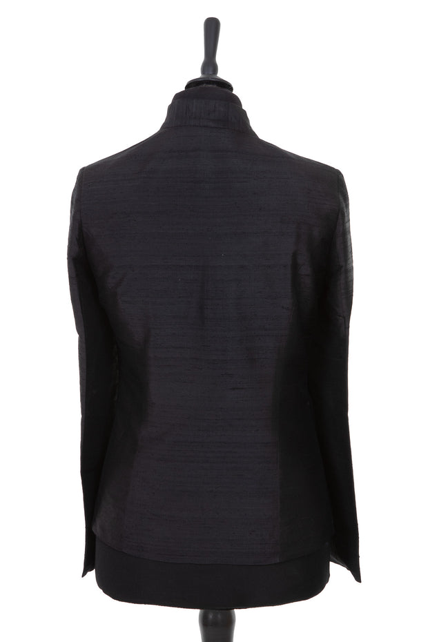 Womens short jacket in a raw black slub silk