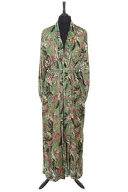 Womens silk velvet dressing gown in a sumptuous botanical green silk velvet printed with a rich floral design