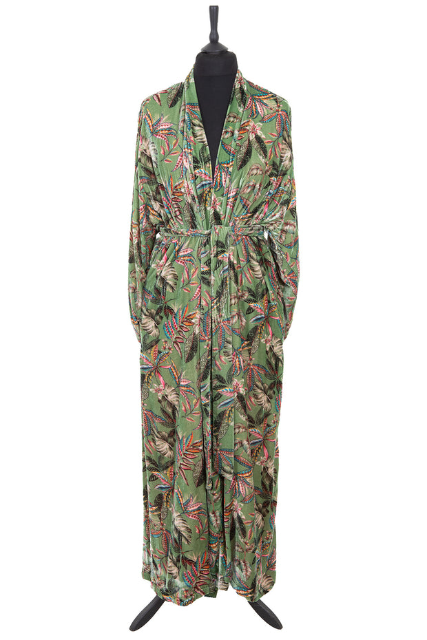 Womens silk velvet dressing gown in a sumptuous botanical green silk velvet printed with a rich floral design