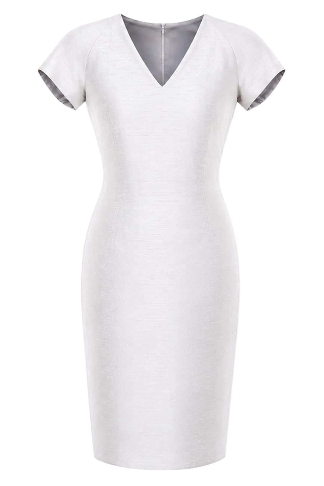 A fitted short-sleeve V-neck dress in a light heathered off-white fabric, shown on a plain white background.