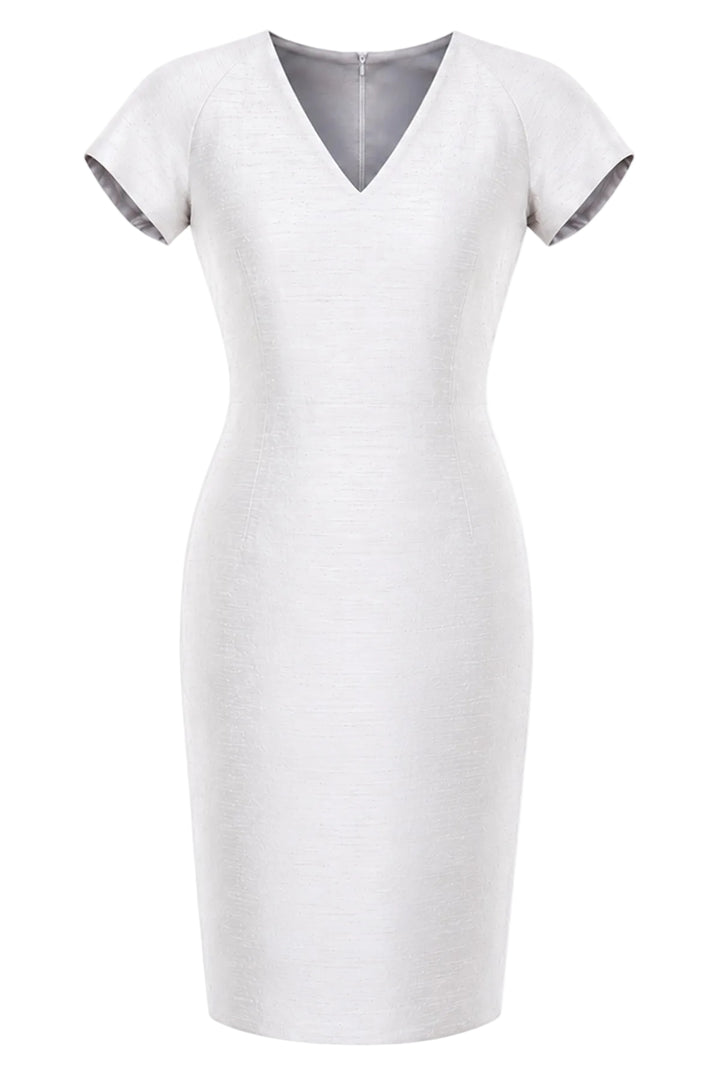 A fitted short-sleeve V-neck dress in a light heathered off-white fabric, shown on a plain white background.