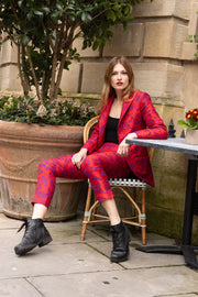 smart silk red trousers for women with matching blazer, embroidered silk with blue flowers 