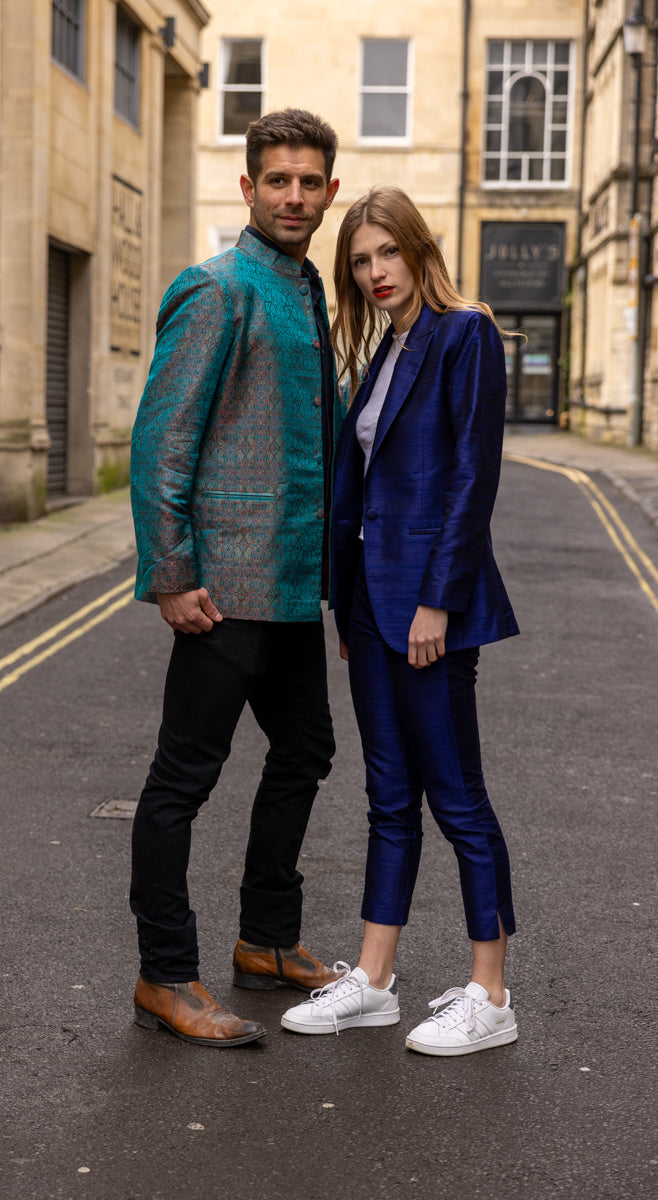 Mens Nehru Jacket in Royal Jacquard Shibumi Mens Silk Occasional Wear
