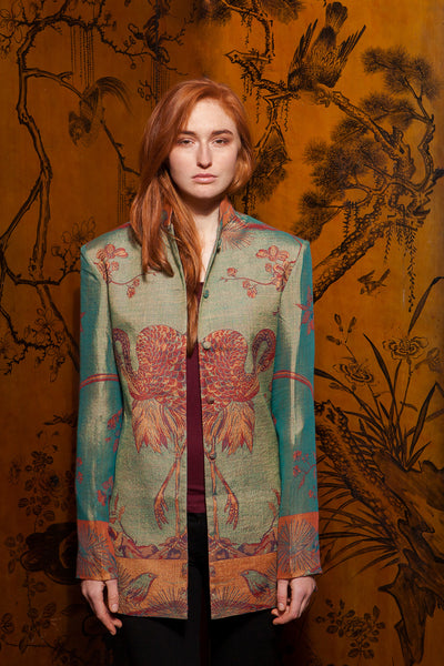 Womens long nehru jacket in dark green cashmere fabric with the Tree of Life pattern in red, orange and blue