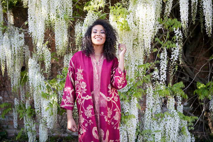 Plus size women's dressing gown in red. This bath robe is made from cashmere and silk. Shibumi dressing gown with tree of life pattern. Luxurious handmade ladies dressing gown. 