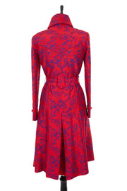 Women's embroidered silk pillar box red Trench Coat, with cobalt embroidery