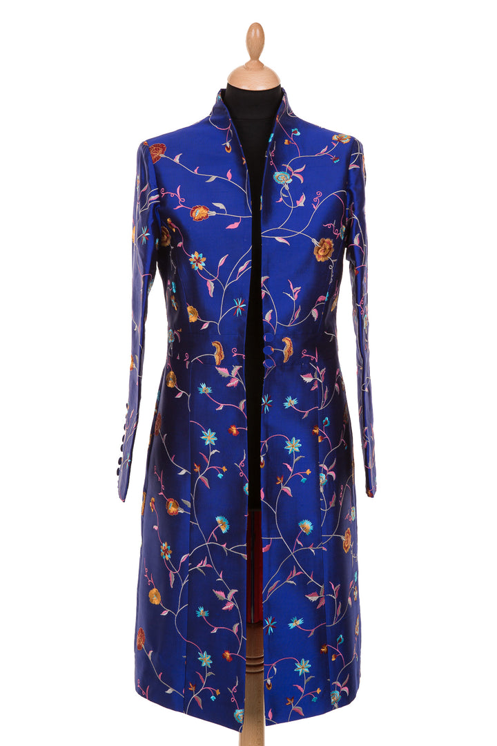 bright cobalt blue embroidered silk wedding coat, smart mother of the bride outfit, embroidered silk coat, outfit ideas for horse races, ladies day