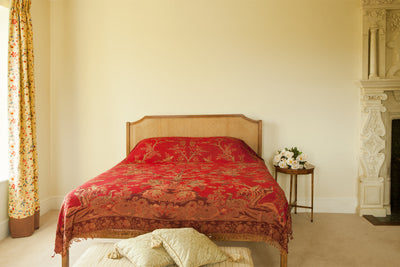 rich ruby red cashmere bed throw, floral pattern bedspread, countryside decor, home design